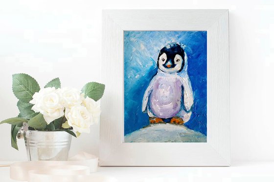 Penguin Painting Original Art Cute Bird Artwork Snow Wall Art