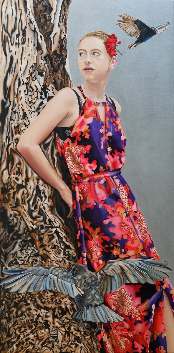 Surrealistic Portrait Acrylic Painting By Saskia Huitema, 25 X 49", The Outlook, Original Artwork