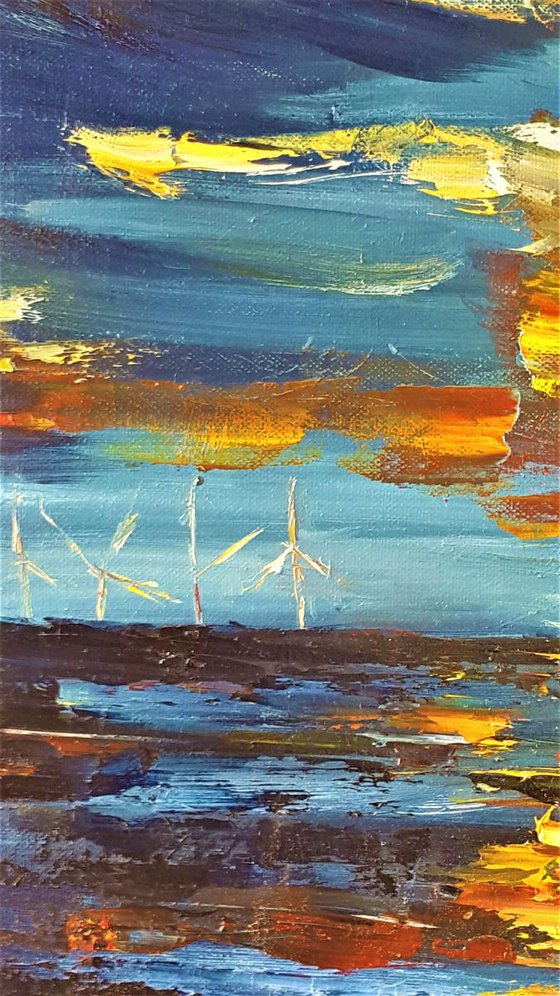 The Red Moon & The Windmills - a midnight semi abstract  seascape