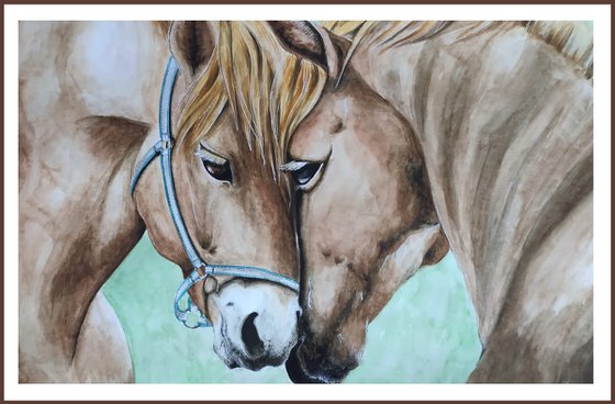 Tenderness. Horses watercolor painting on paper. Original artwork by Svetlana Vorobyeva