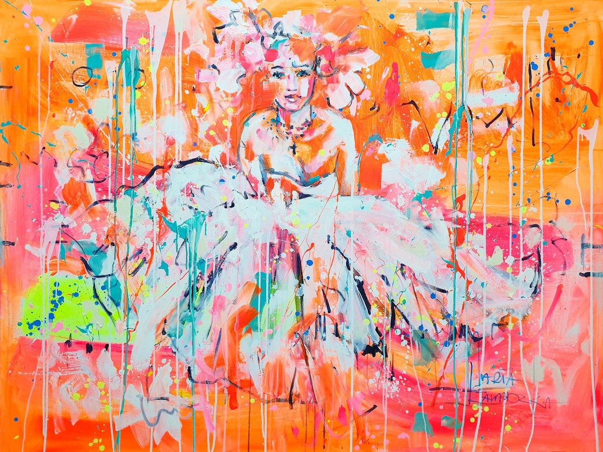 Impressionistic Portrait Acrylic Painting By Marta Zawadzka, 63 X 47", White Peony, Original Artwork