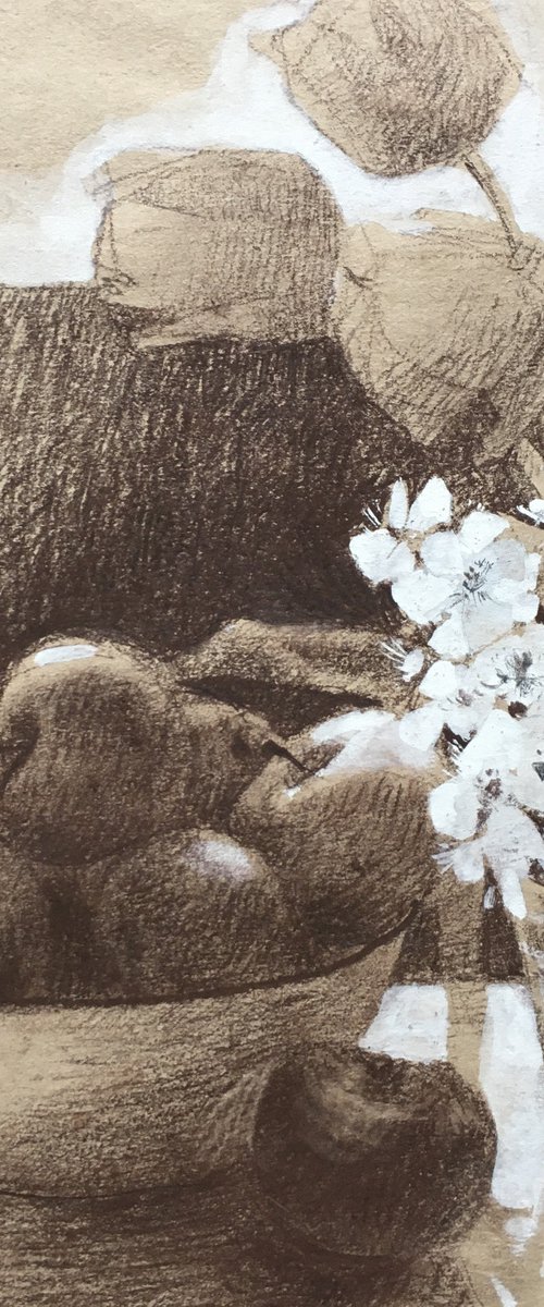 Still life with apple and flowers. Original charcoal drawing by Andrii Kovalyk