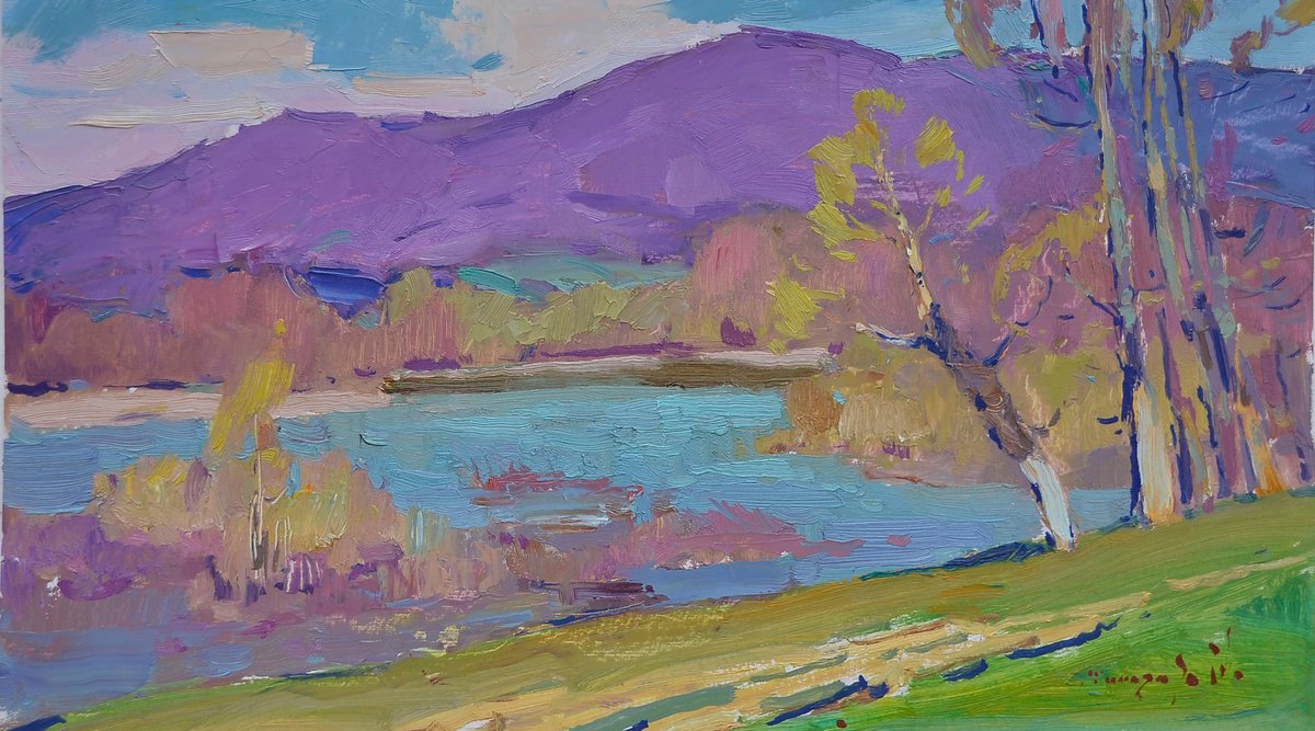 Impressionistic Landscape Oil Painting By Alexander Shandor, 27 X 15, Spring Shore, Original Artwork