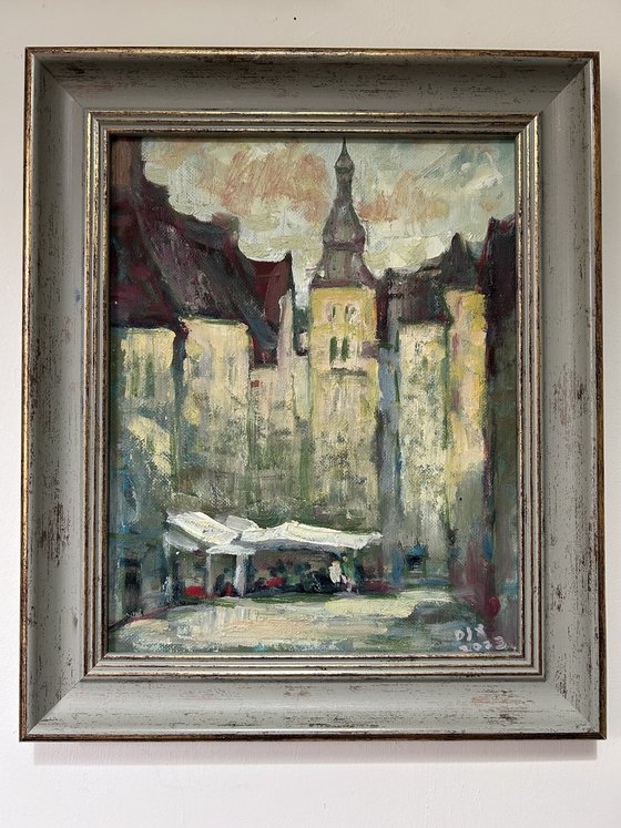 Original Oil Painting Wall Art Signed unframed Hand Made Jixiang Dong Canvas 25cm × 20cm Cityscape Market Street in Stuttgart, Germany Small Impressionism Impasto