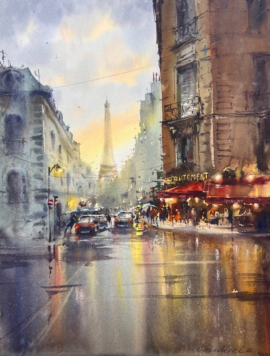 Impressionistic Watercolour , Paris In Golden Rain By Eugenia Gorbacheva, 12 X 16, Artwork For Sale On Artfinder