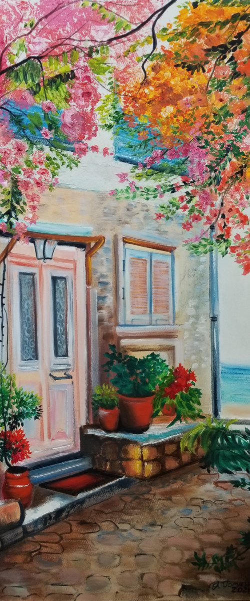 Sidewalk to the Beach. Gorgeous Spanish Landscape. Summer Day. Spectacular Oil Painting on Canvas. Home Decor. Floral Oil Painting. Room Accent. by Alexandra Tomorskaya/Caramel Art Gallery