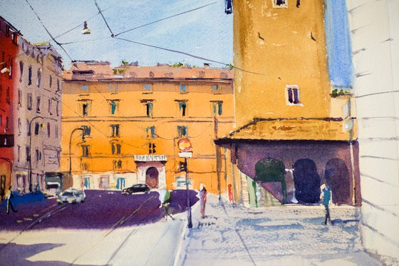 Rome street. Light and shadow with city view. Medium format watercolor urban landscape italy sea bright architecture old travel