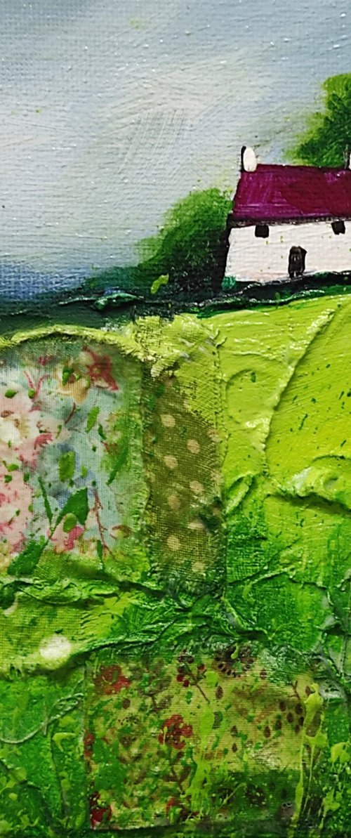 Little cottage on Green patchwork Field Textured Landscape by Jane Palmer Art