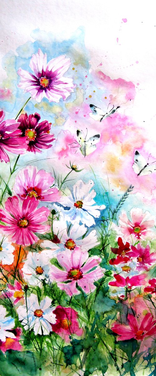 Cosmos flowers with butterflies by Kovács Anna Brigitta