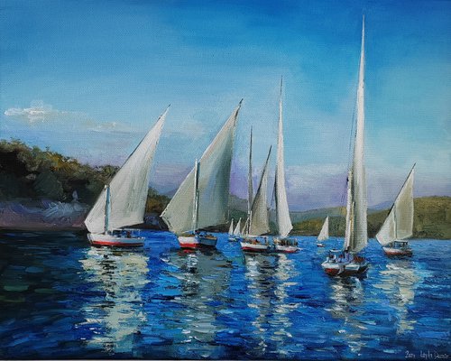 Felucca Boat on Nile River original oil painting nautical wall decor by Leyla Demir