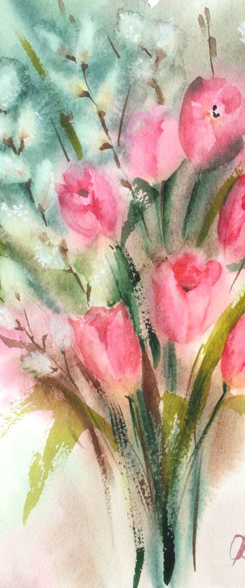 Red tulips and pussy-willow by Olga Koelsch