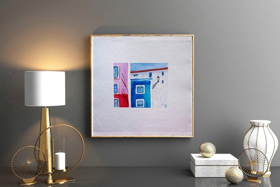 Lisbon small watercolor painting, colorful houses original painting, Portugal cityscape wall art