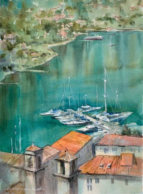 Kotor. View of the old town and bay. Watercolour by Marina Trushnikova. Ceascape. Architectural scenery. Plain air artwork.