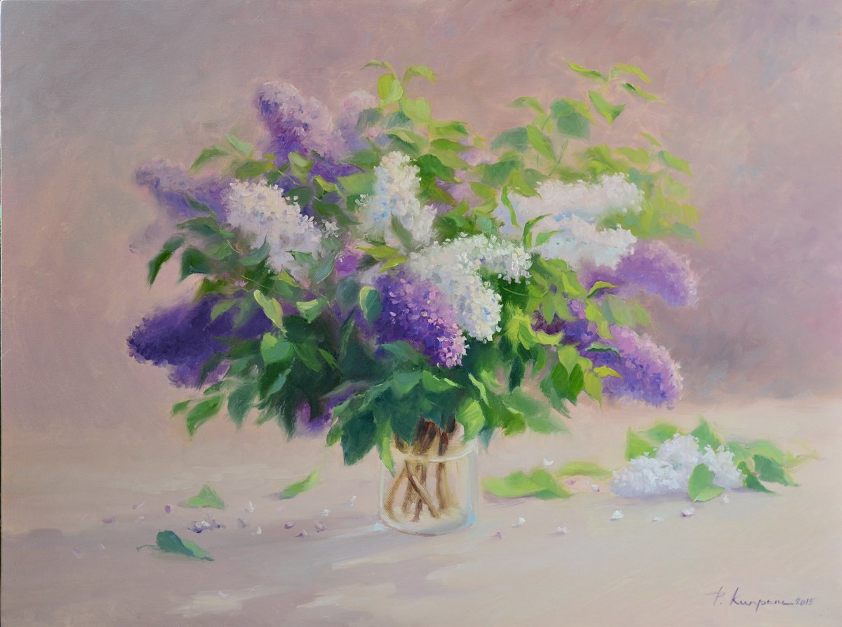 Impressionistic Botanical Oil Painting By Ruslan Kiprych, 31 X 24", Lilac, Original Artwork