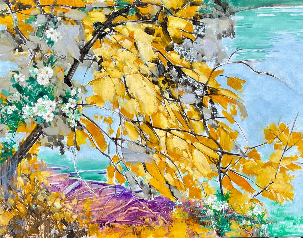 Impressionistic Abstract Oil Painting By Tina Ding, 34 X 27", Yellow Brunch, Original Artwork