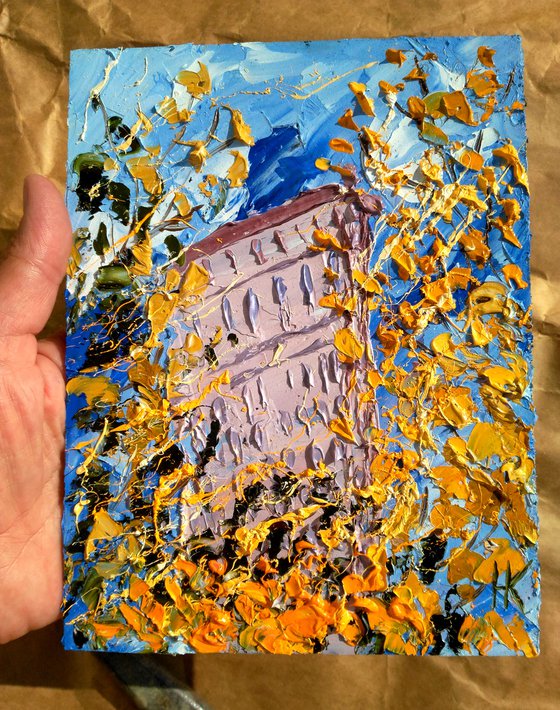 NYC Fall Painting Cityscape Original Art New York Small Oil Artwork Autumn Impasto Pallete Knife Wall Art 6 by 8" by Halyna Kirichenko