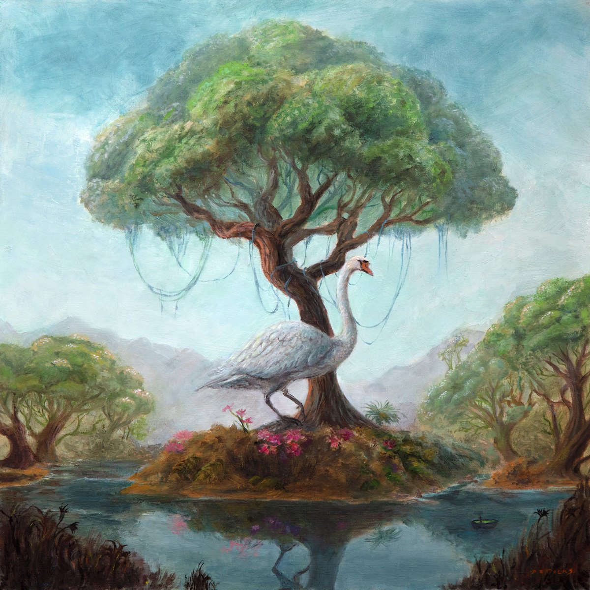 Surrealistic Oil Painting , Traveler And The Swan By Nikolina Petolas, 18 X 18, Artwork For Sale On Artfinder