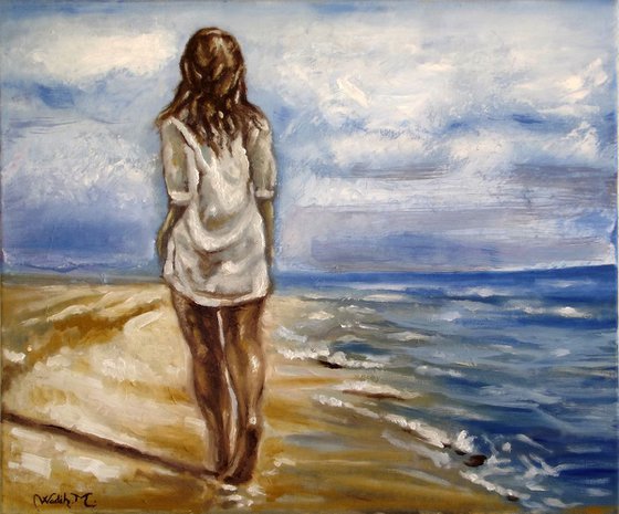 SEASIDE GIRL - THE LONELY WALK - Oil painting on canvas (60x50cm)