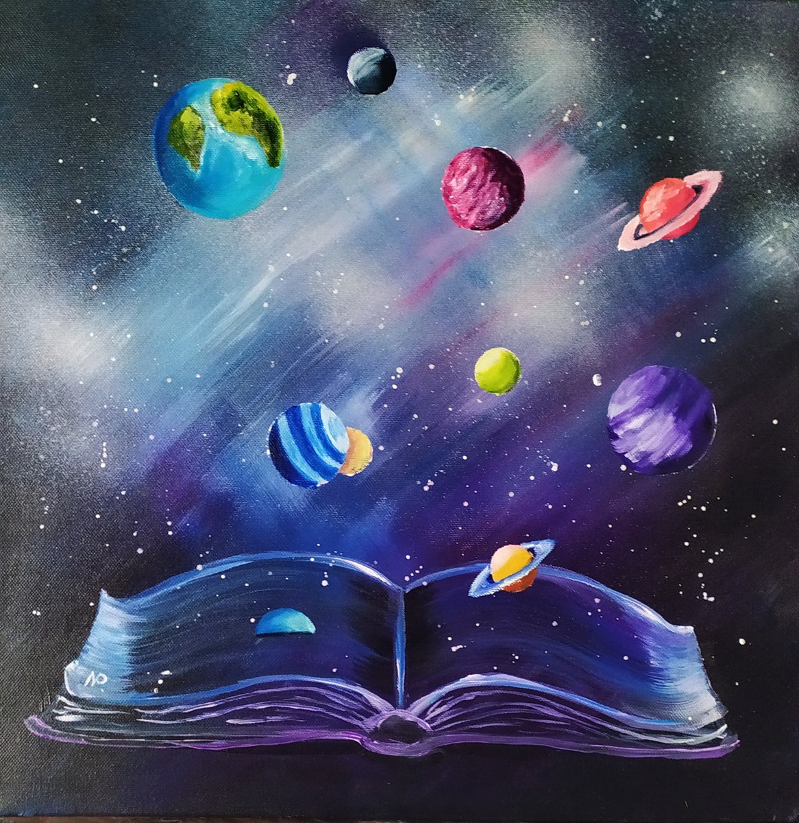 The book of Universe, original space painting, surrealistic art, bedroom decor, gift idea by Nataliia Plakhotnyk