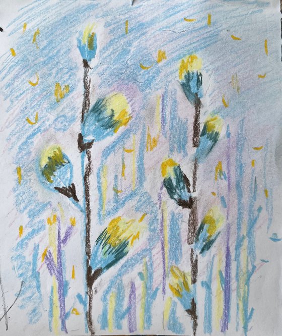 Spring willow flowers, an original handmade artwork drawing artwork