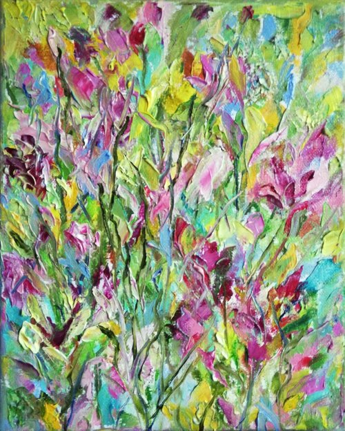 Irises Abstract Flower Meadow - Original Oil on Canvas 10 by 8" (25x20 cm) by Katia Ricci