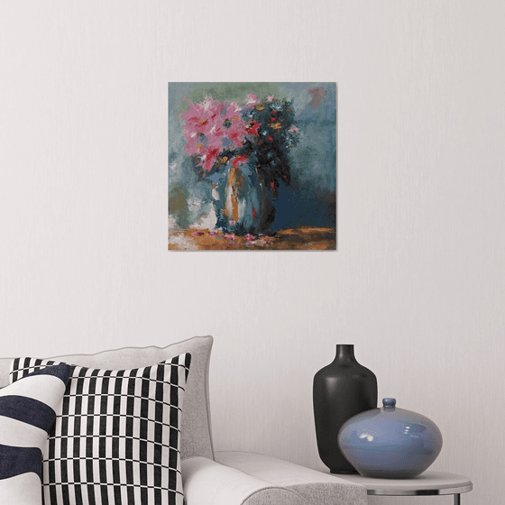 Modern still life oil painting. Flowers in vase. Gift for mother