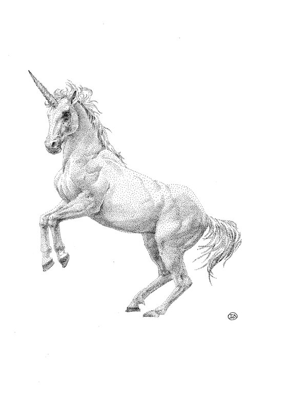 FAIRYTAIL - small black and white ink realistic artwork. Unicorn