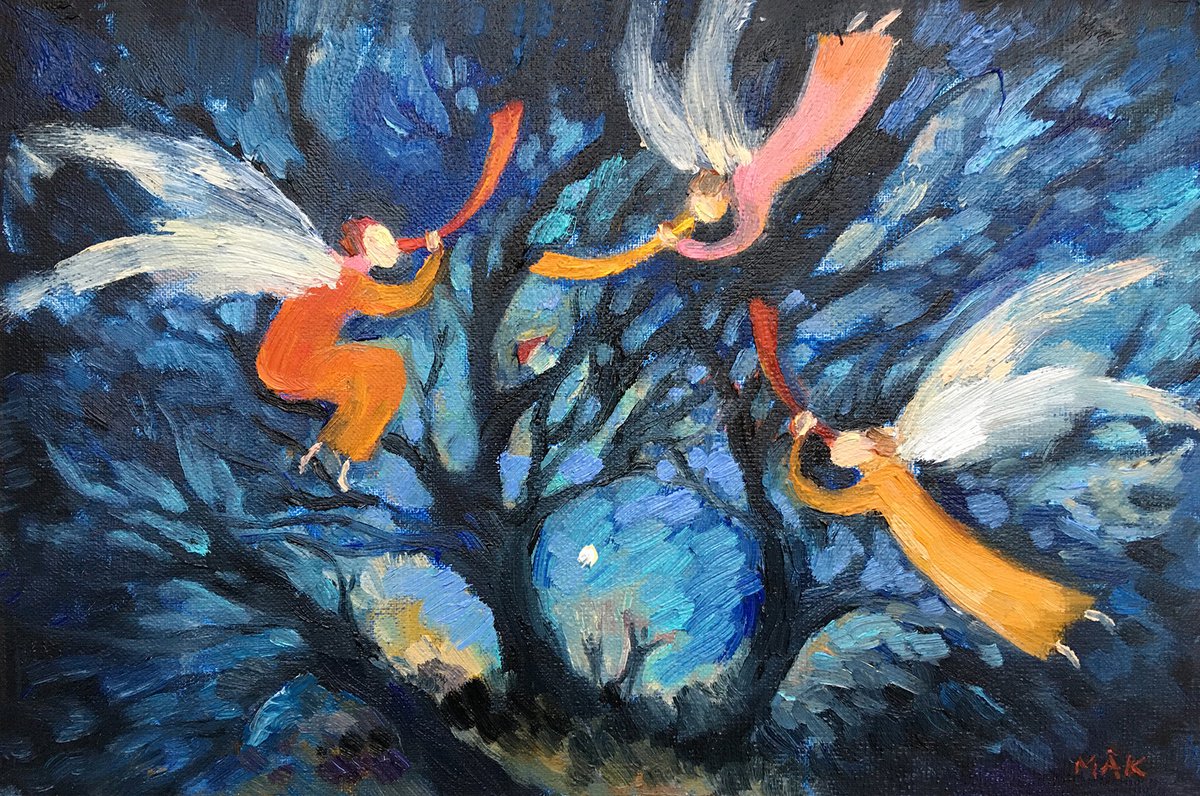 ANGELS - small oil painting angels in the navy blue sky heaven Christmas Easter gift home... by Irene Makarova