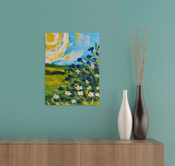 Spring meadow, flowers gift, original acrylic texture painting