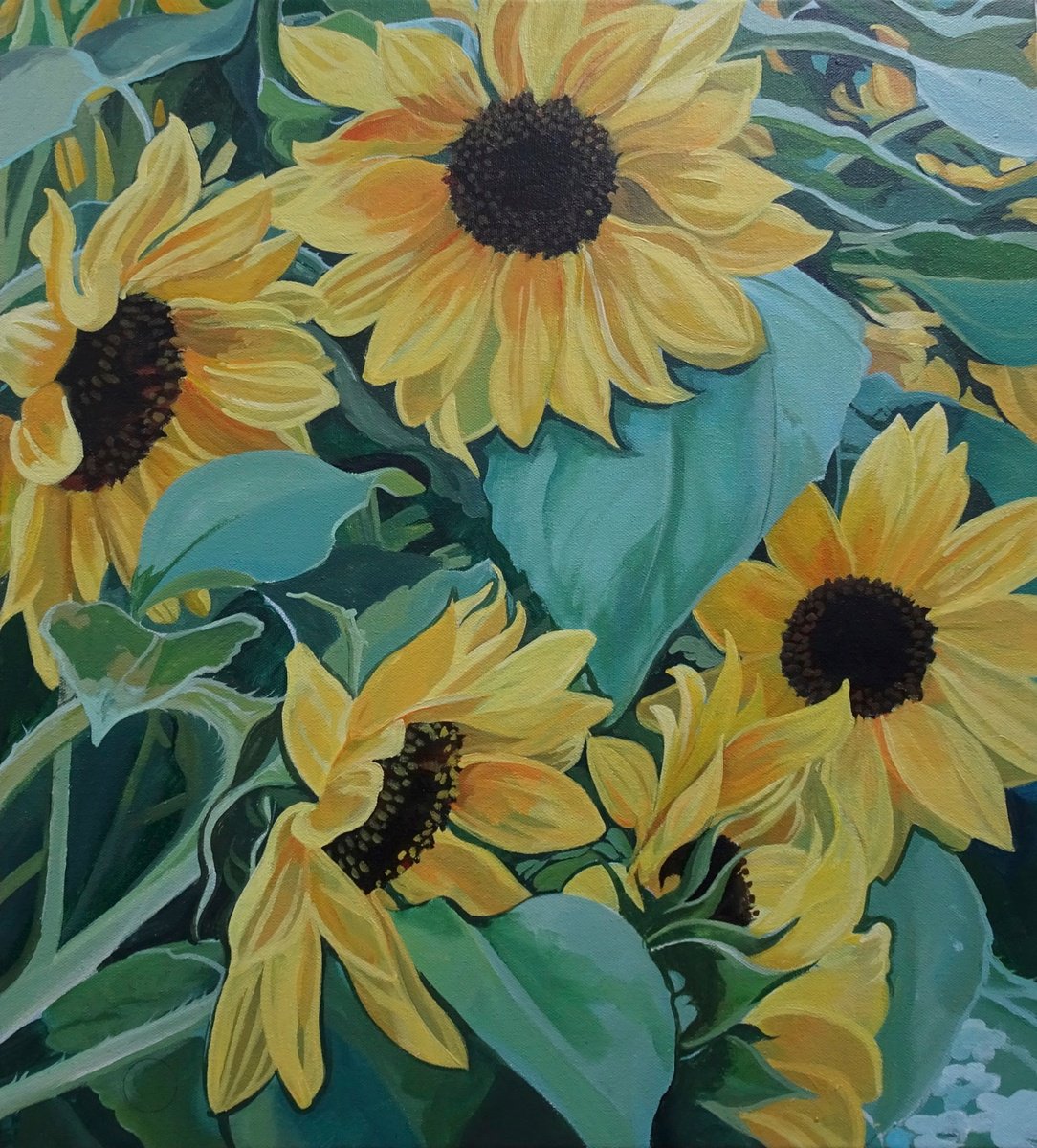 Impressionistic Botanical Acrylic Painting By Joseph Lynch, 20 X 22, Bright Yellow Sunflowers, Original Artwork