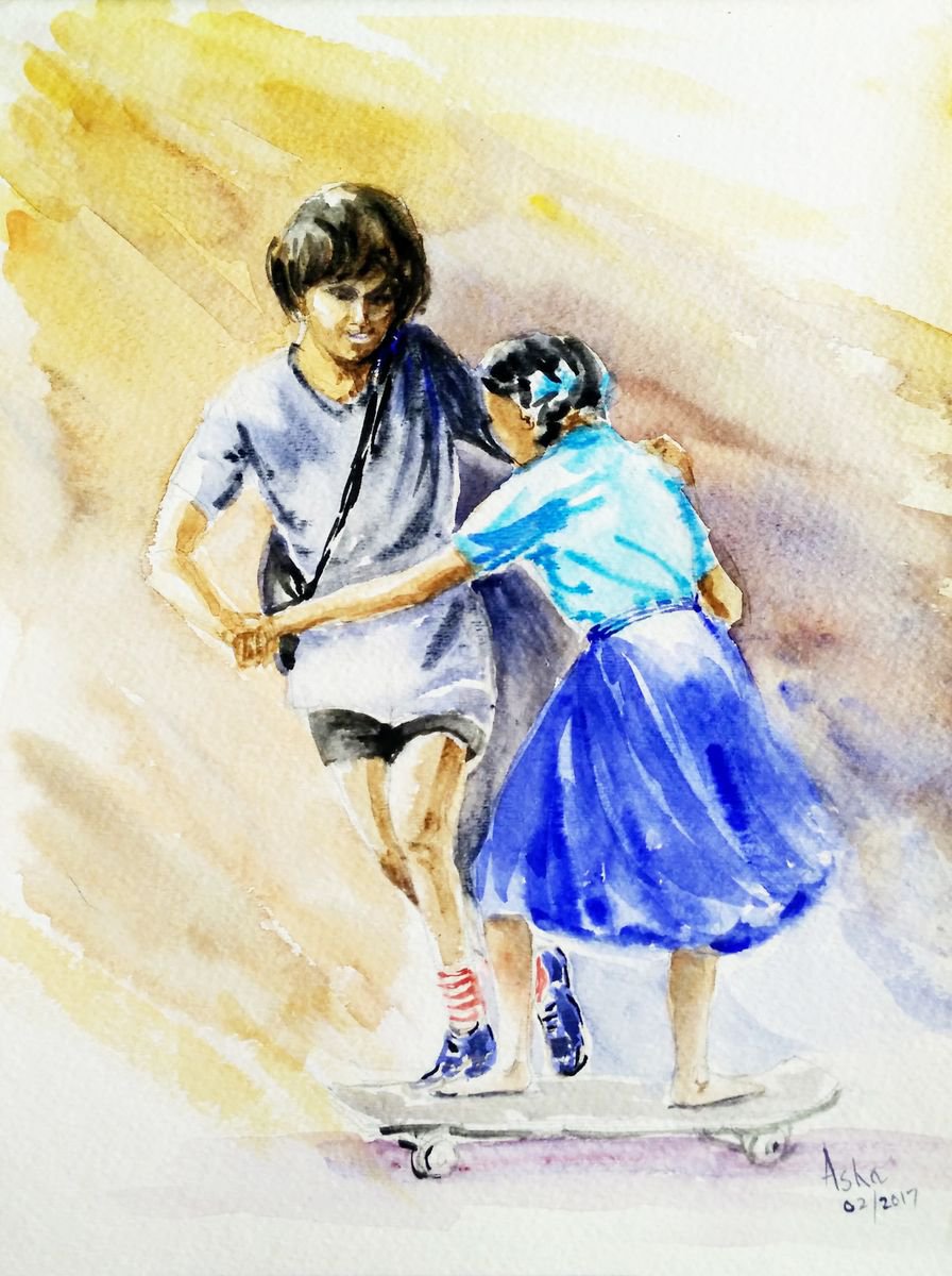 Impressionistic Portrait Watercolour By Asha Shenoy, 9 X 12, Joys Of Childhood 6, Original Artwork