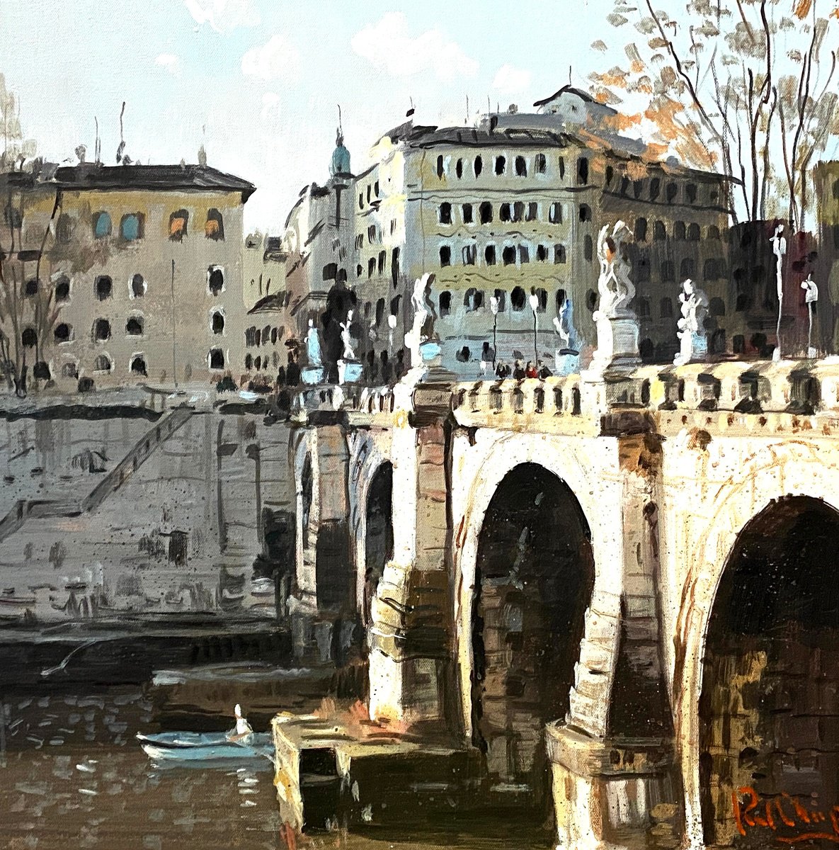 Impressionistic Cityscapes Acrylic Painting By Paul Cheng, 24 X 24", Ancient Bridge, Rome, Original Artwork