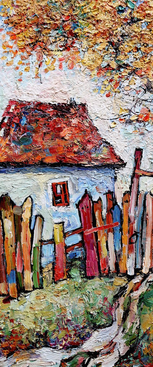 House, fence and autumn Apricot. by Nikifor Swiristuhin