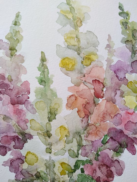 Bouquet. Antirrhínum.  Original watercolor painting.