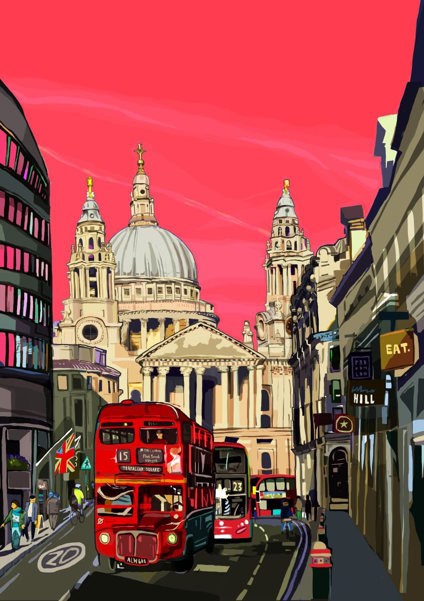 A3 St Paul’s Cathedral (Pink), London Illustration Print by Tomartacus