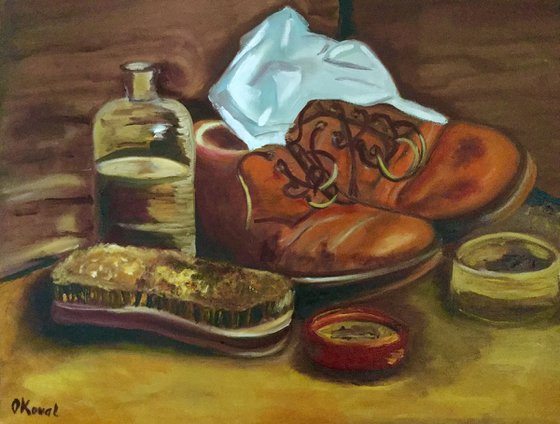 OLD GRANDFATHER BOOTS. Still life on linen canvas.