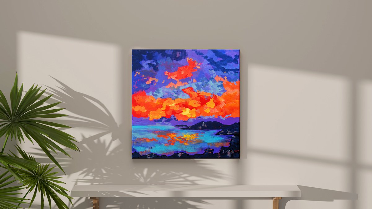 Impressionistic Landscape Painting By Delnara El, 12 X 12, Mediterranean Sunset, Original Artwork