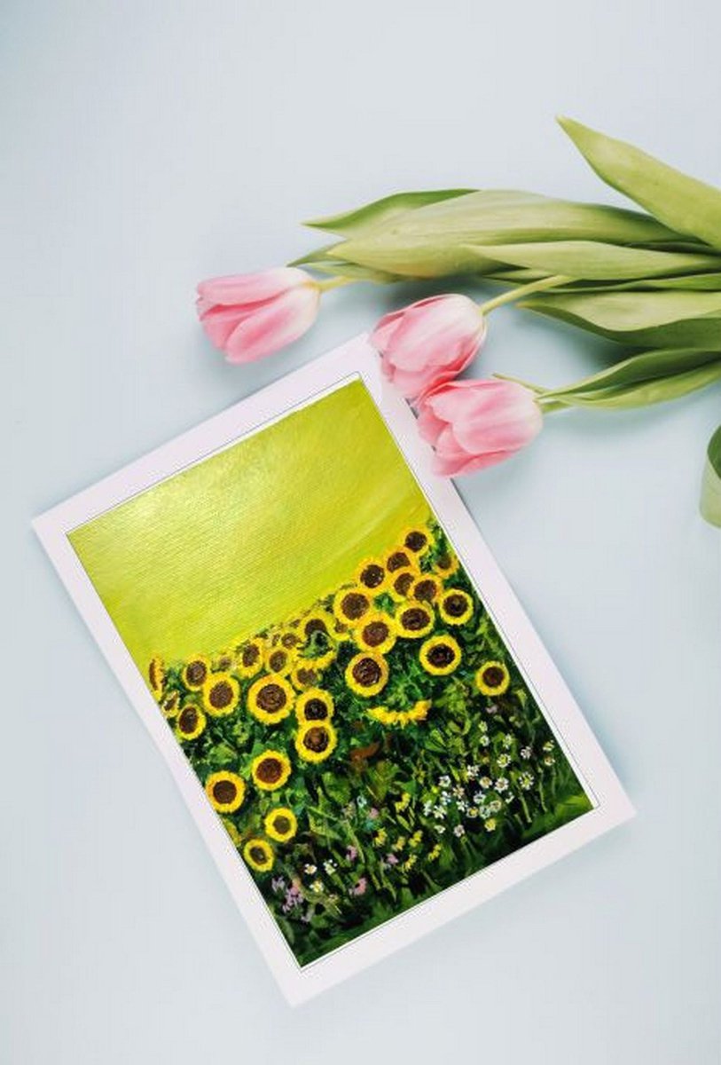 Sunflowers Miniature, Inspired by Van Gogh, Acrylic Floral Postcard - 5.8x 8.3 by Asha Shenoy