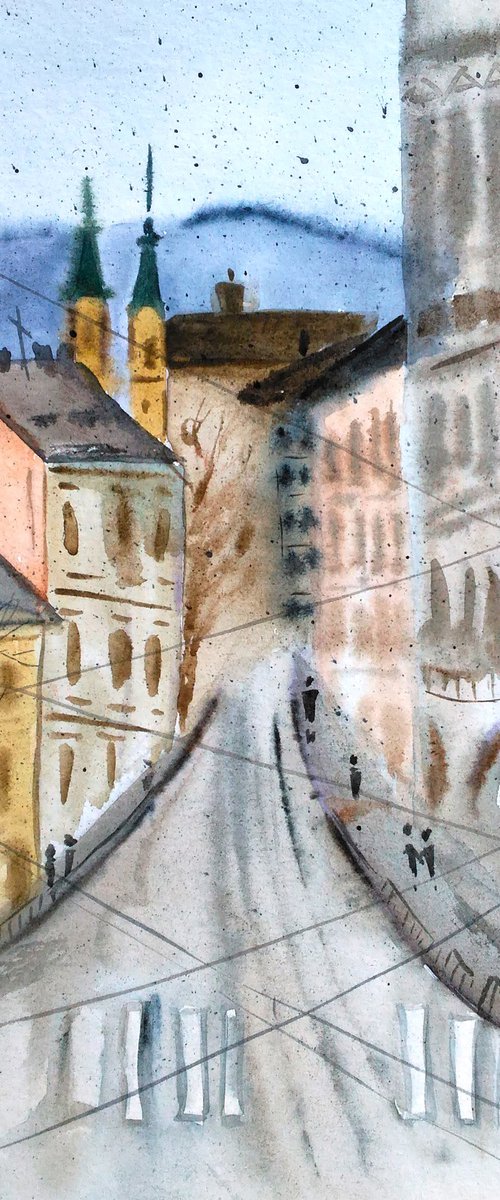 Lviv Painting Cityscape Original Art Fall Small Watercolor Autumn Artwork Home Wall Art 8 by 12" by Halyna Kirichenko by Halyna Kirichenko
