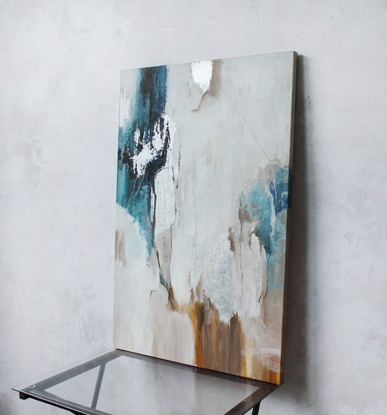 "Silver Flow" Navy silver abstract wall art