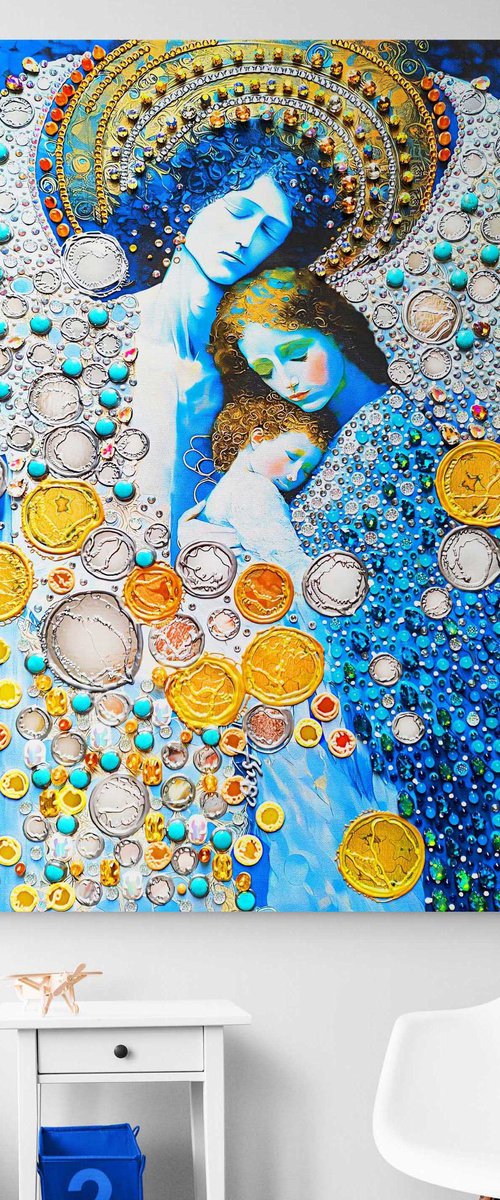 Guardian angel - Large format wall art with mom and baby. HUGE Love wall decor. Blue silver golden decorative artwork. Bright futuristic fantasy esoteric surreal mystery harmonious meditation relaxation aura art by BAST