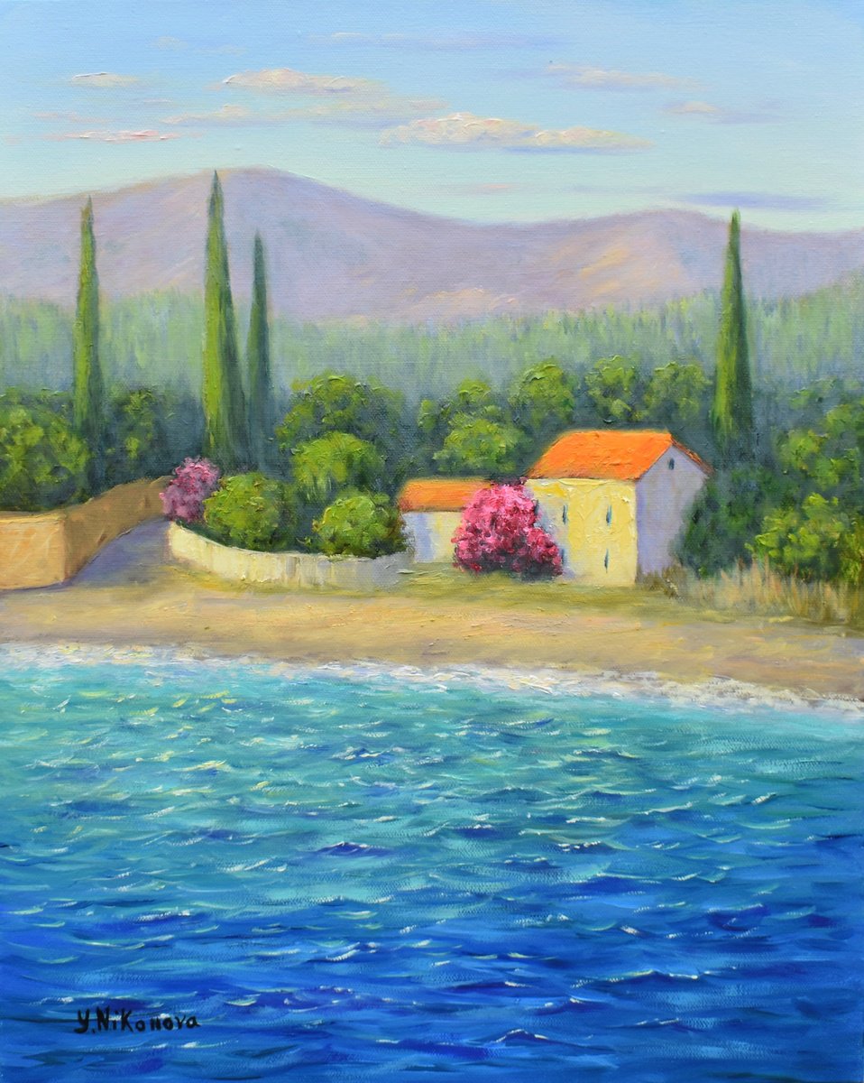 Impressionistic Landscape Oil Painting By Yulia Nikonova, 16 X 20", Mediterranean Evening, Original Artwork