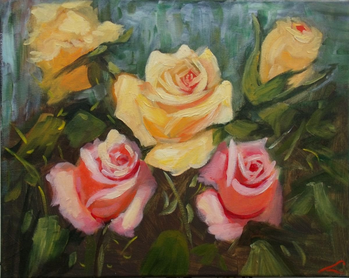 Impressionistic Botanical Oil Painting By Elena Sokolova, 20 X 16, Roses, Original Artwork