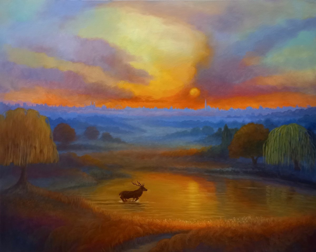 Landscape Oil Painting By Lee Campbell, 39 X 31", Richmond Park Sunrise, Original Artwork