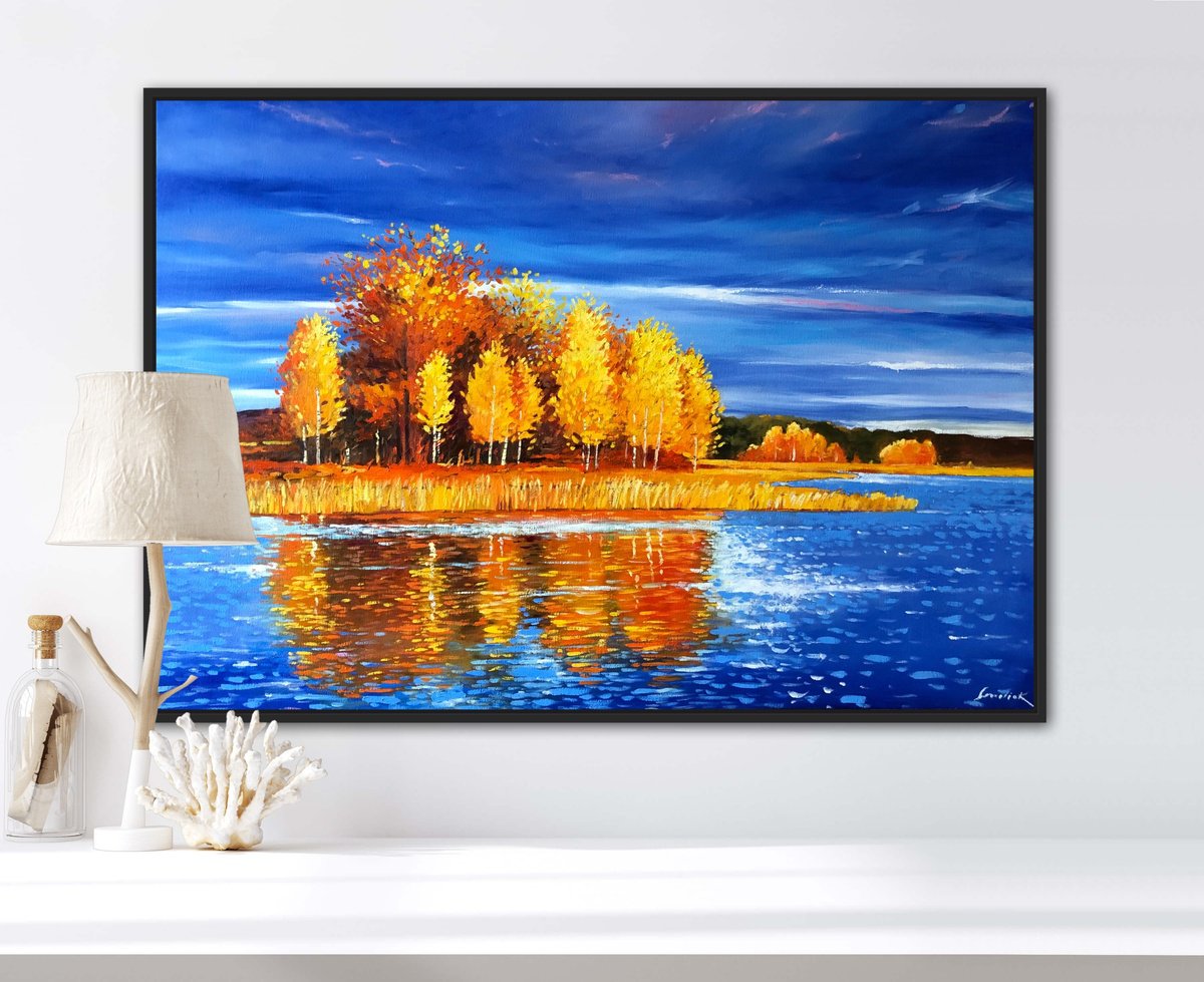 Impressionistic Landscape Oil Painting By Volodymyr Smoliak, 39 X 28", Golden Autumn 70-100Cm, Original Artwork