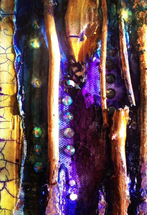 Original mixed media painting, abstract small canvas Octopus Garden #2, glass, tree branch, iridiscent , wall art, jewels, rhinestone