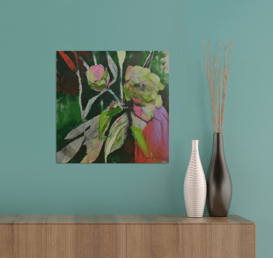 Green-pink peonies modern mixed media painting