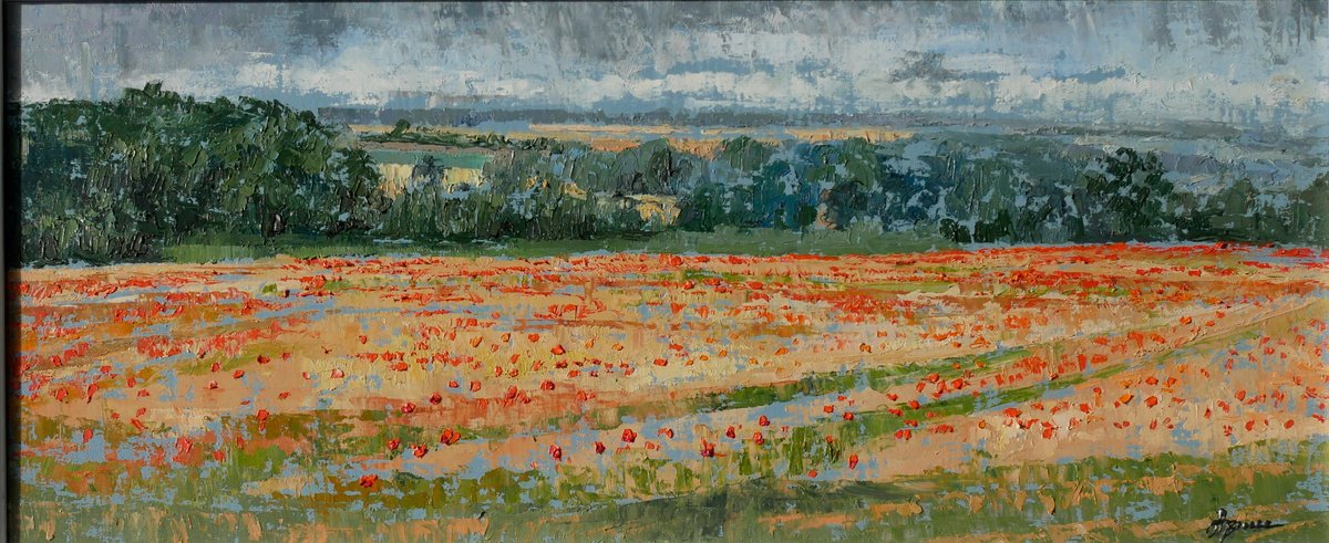 Impressionistic Botanical Oil Painting By Hannah Bruce, 24 X 12, Poppies In The Storm, Original Artwork