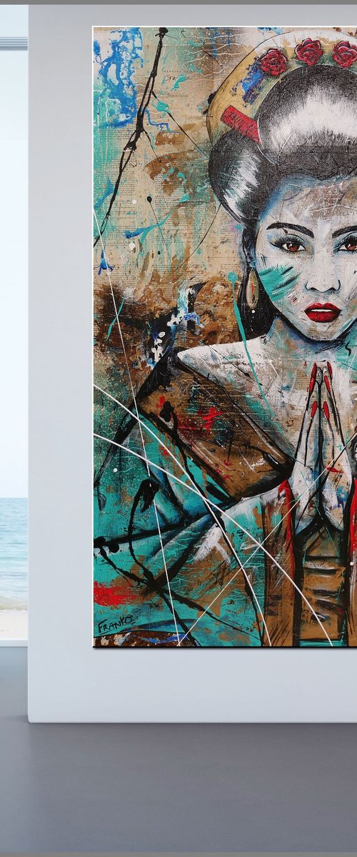 Hisui (Jade) 140cm x 100cm Geisha Book Page Urban Pop Art by Franko