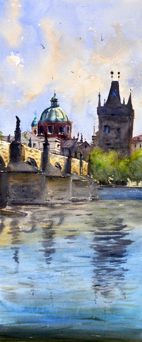 Blue sky and Charles bridge reflecton at Vltava Prague 23x54cm 2020 by Nenad Kojić watercolorist